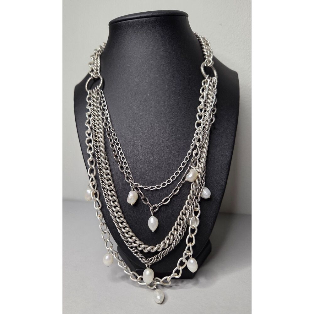 Pearl and Chain Bib Multistrand Necklace